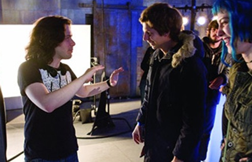 Michael Cera, Mary Elizabeth Winstead et Edgar Wright sur le plateau de Scott Pilgrim vs. the World